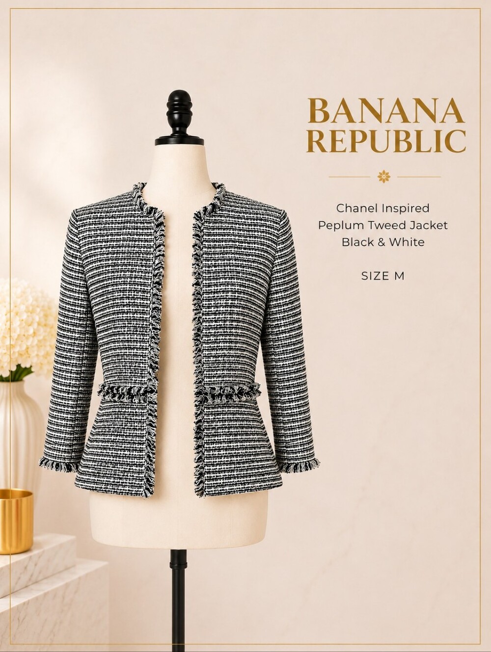 Banana Republic Chanel Inspired Peplum Tweed Jacket Black & White Women's M